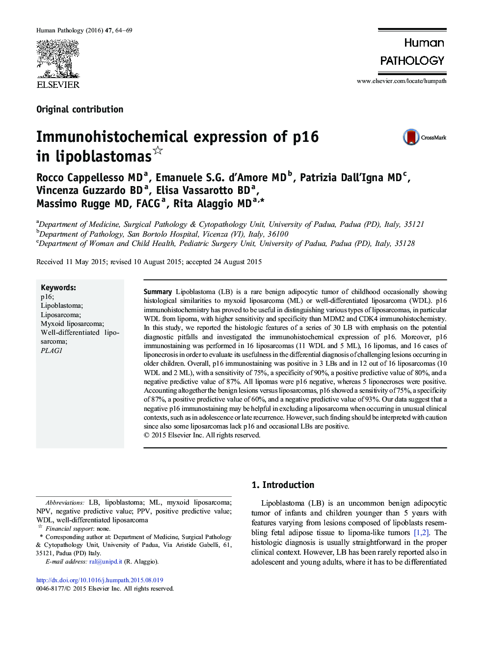 Immunohistochemical expression of p16 in lipoblastomas 