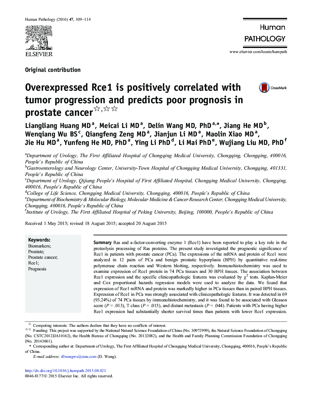 Overexpressed Rce1 is positively correlated with tumor progression and predicts poor prognosis in prostate cancer 