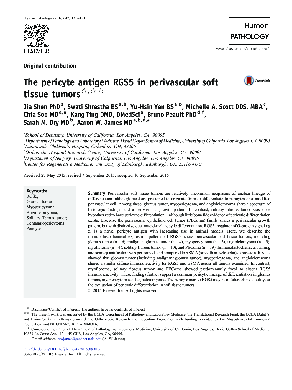 The pericyte antigen RGS5 in perivascular soft tissue tumors 