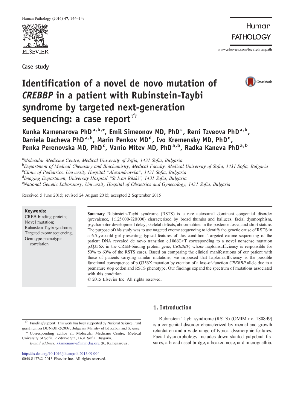 Identification of a novel de novo mutation of CREBBP in a patient with Rubinstein-Taybi syndrome by targeted next-generation sequencing: a case report 