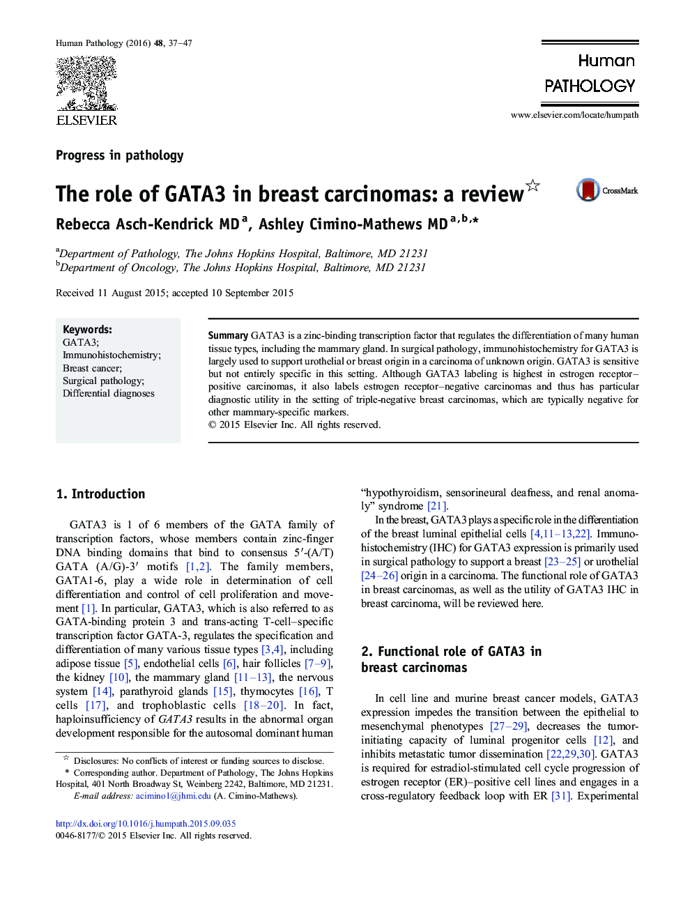 The role of GATA3 in breast carcinomas: a review 