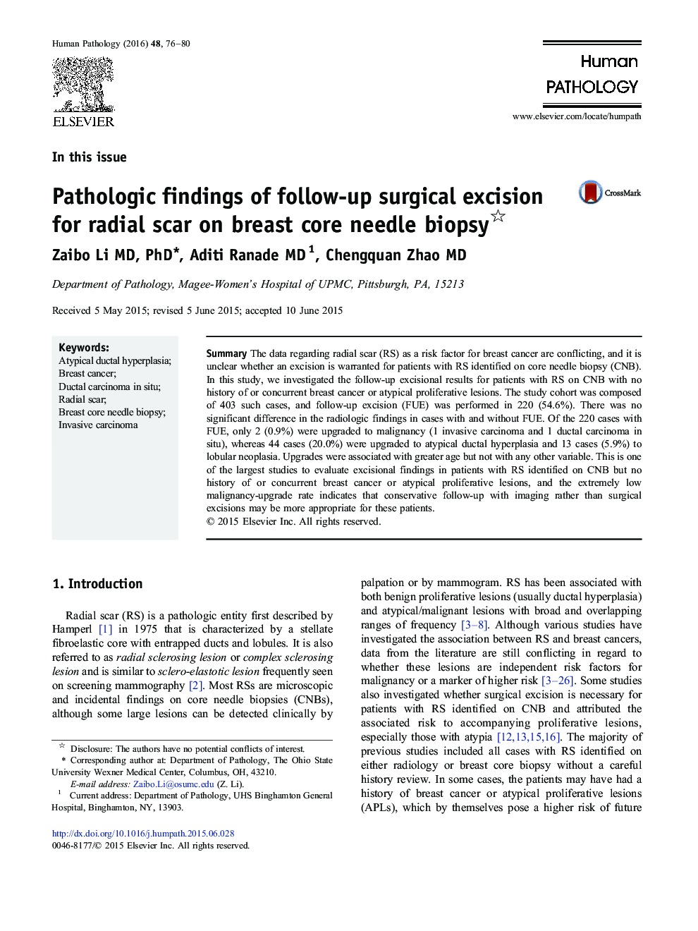 Pathologic findings of follow-up surgical excision for radial scar on breast core needle biopsy 