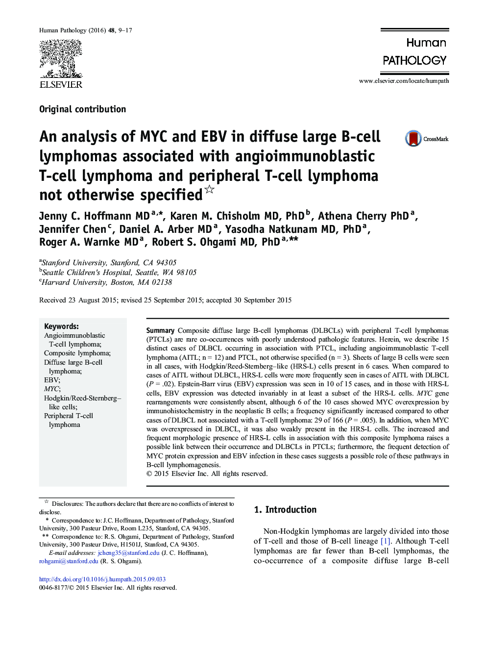 An analysis of MYC and EBV in diffuse large B-cell lymphomas associated with angioimmunoblastic T-cell lymphoma and peripheral T-cell lymphoma not otherwise specified 