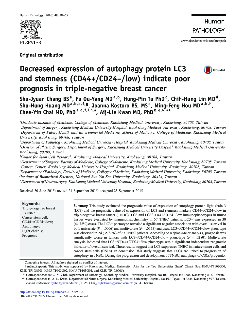 Decreased expression of autophagy protein LC3 and stemness (CD44+/CD24−/low) indicate poor prognosis in triple-negative breast cancer 