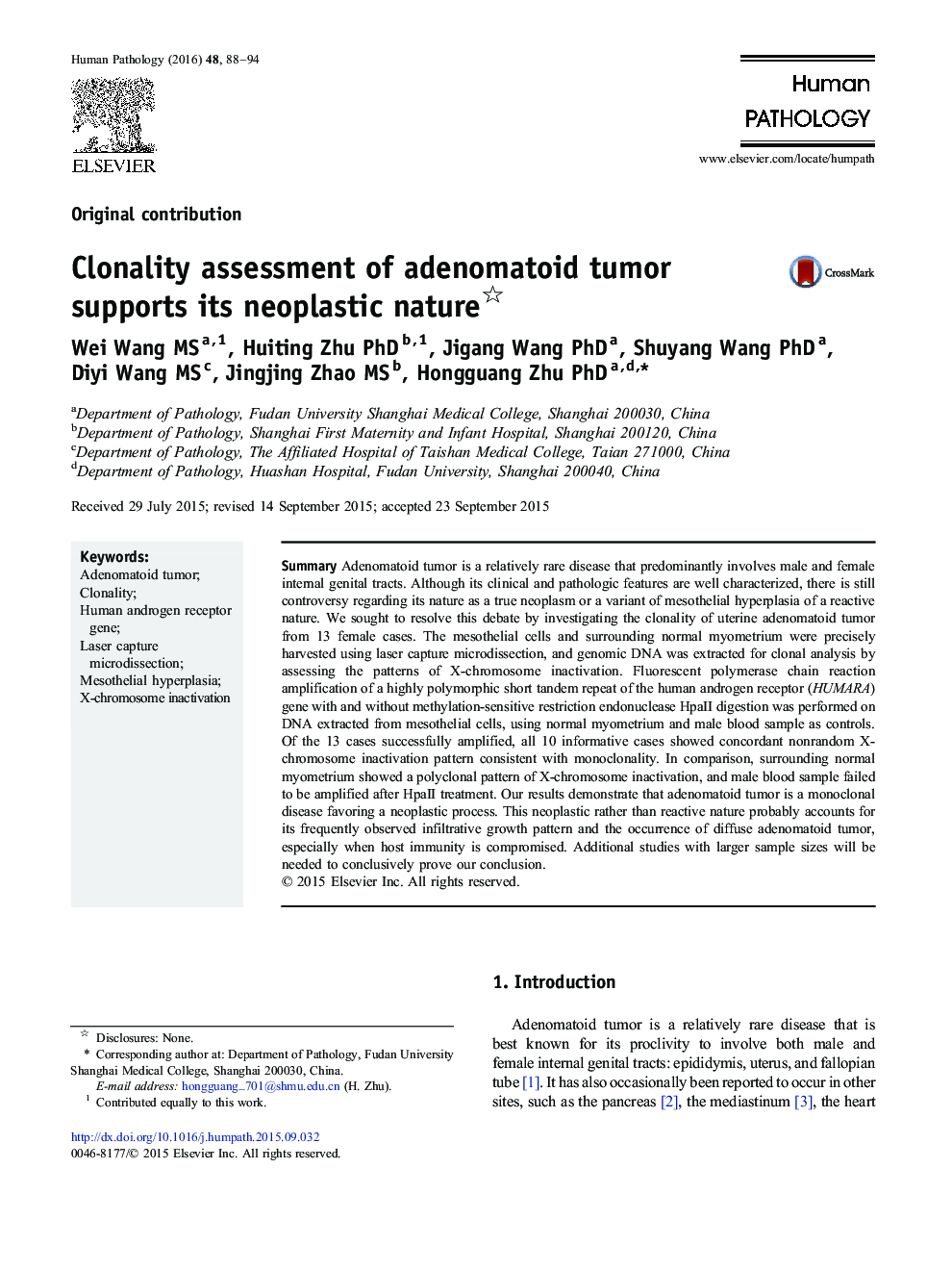 Clonality assessment of adenomatoid tumor supports its neoplastic nature 