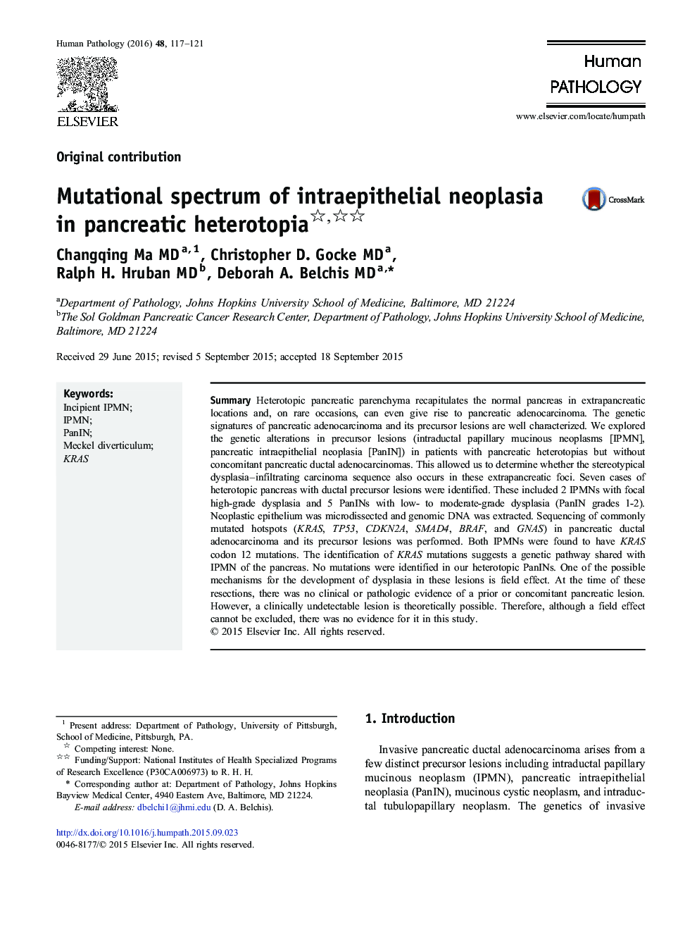 Mutational spectrum of intraepithelial neoplasia in pancreatic heterotopia 