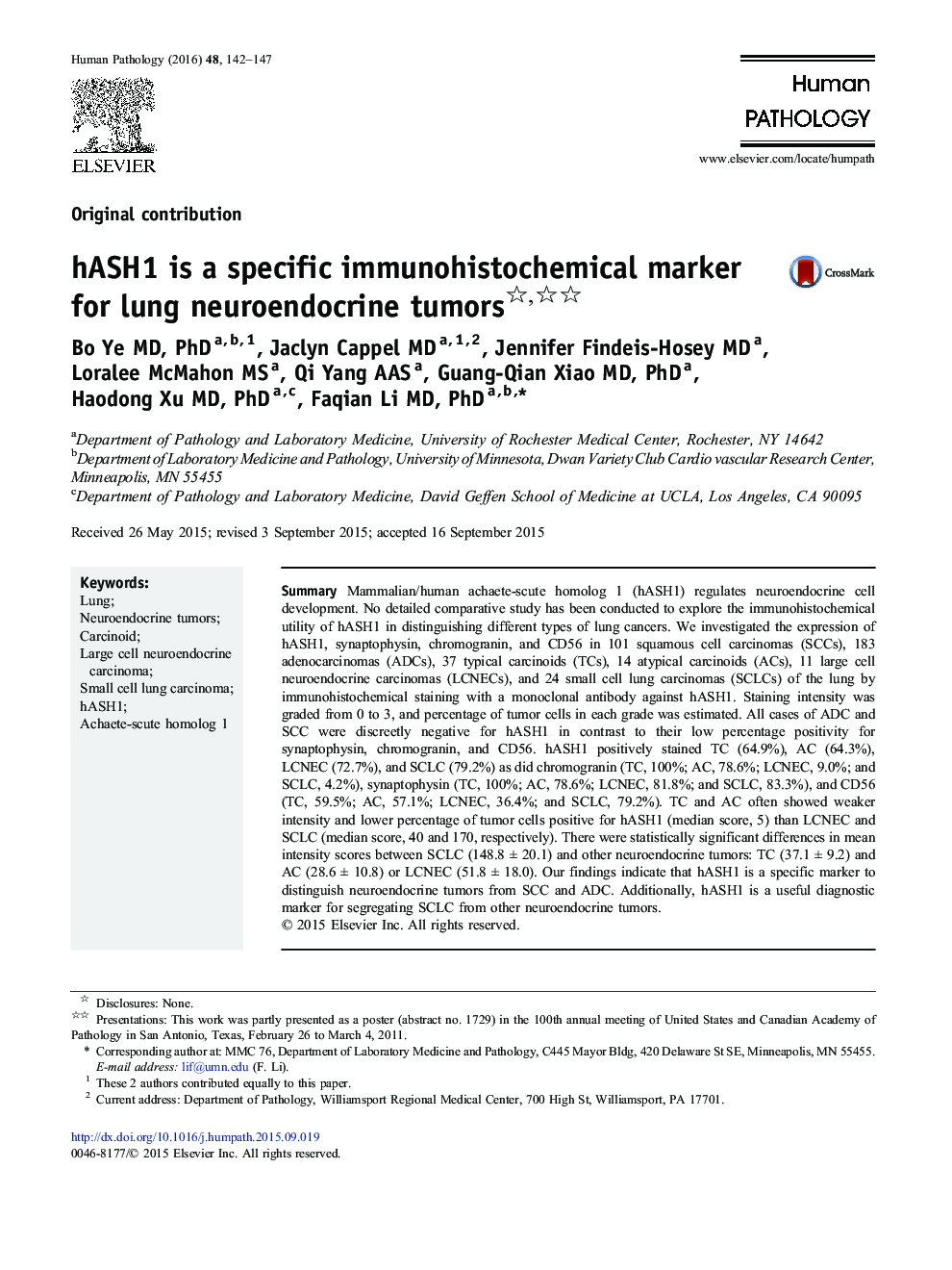 hASH1 is a specific immunohistochemical marker for lung neuroendocrine tumors 