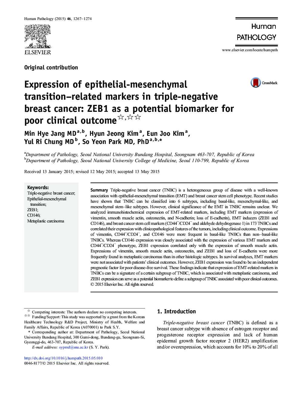 Expression of epithelial-mesenchymal transition–related markers in triple-negative breast cancer: ZEB1 as a potential biomarker for poor clinical outcome 