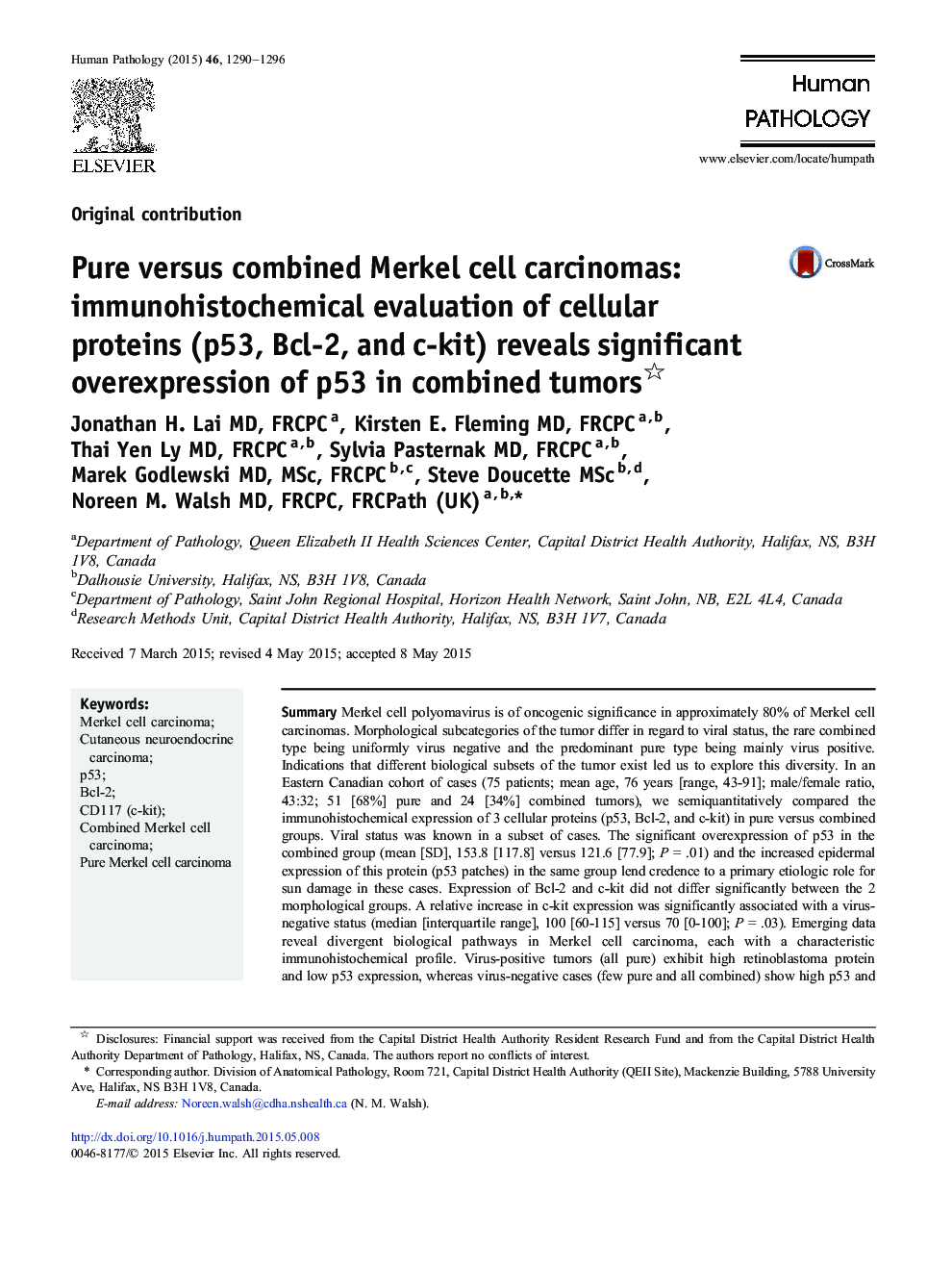 Pure versus combined Merkel cell carcinomas: immunohistochemical evaluation of cellular proteins (p53, Bcl-2, and c-kit) reveals significant overexpression of p53 in combined tumors 