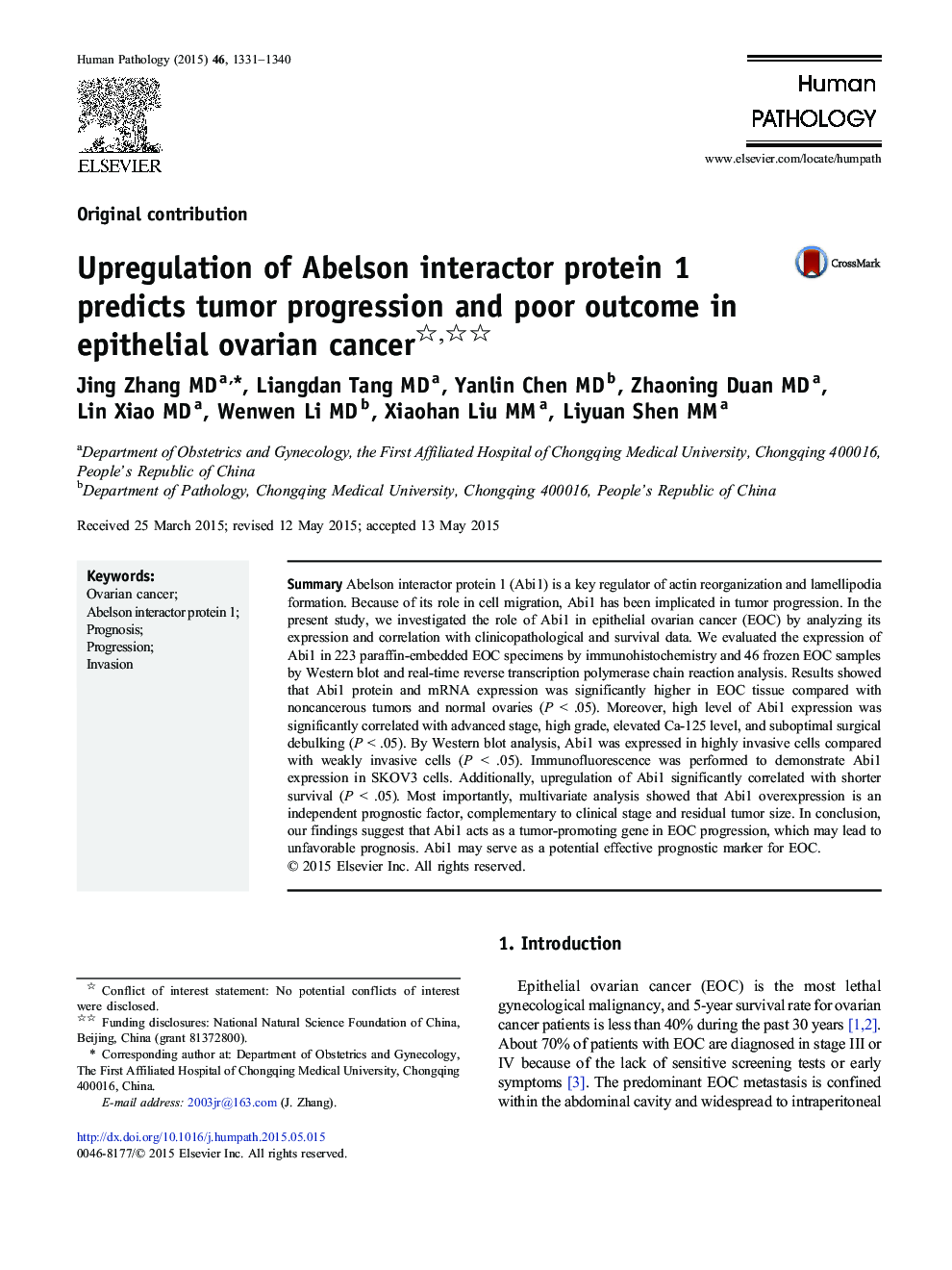 Upregulation of Abelson interactor protein 1 predicts tumor progression and poor outcome in epithelial ovarian cancer