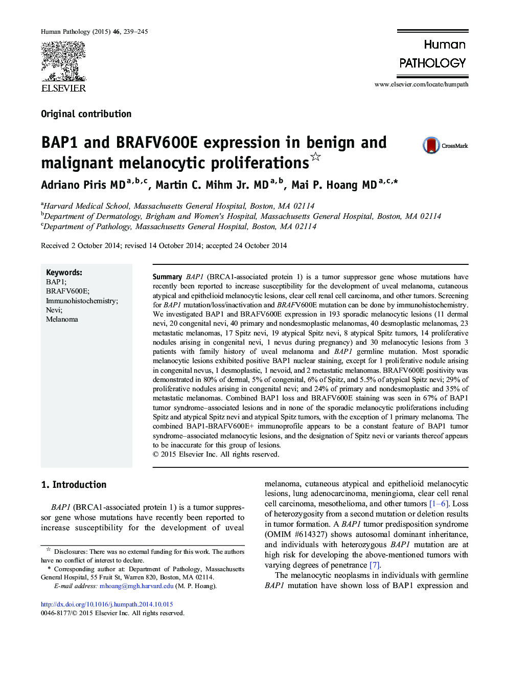 BAP1 and BRAFV600E expression in benign and malignant melanocytic proliferations 