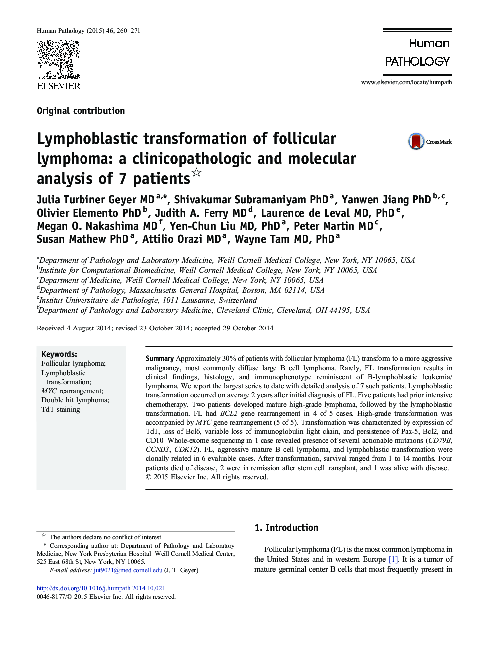 Lymphoblastic transformation of follicular lymphoma: a clinicopathologic and molecular analysis of 7 patients 