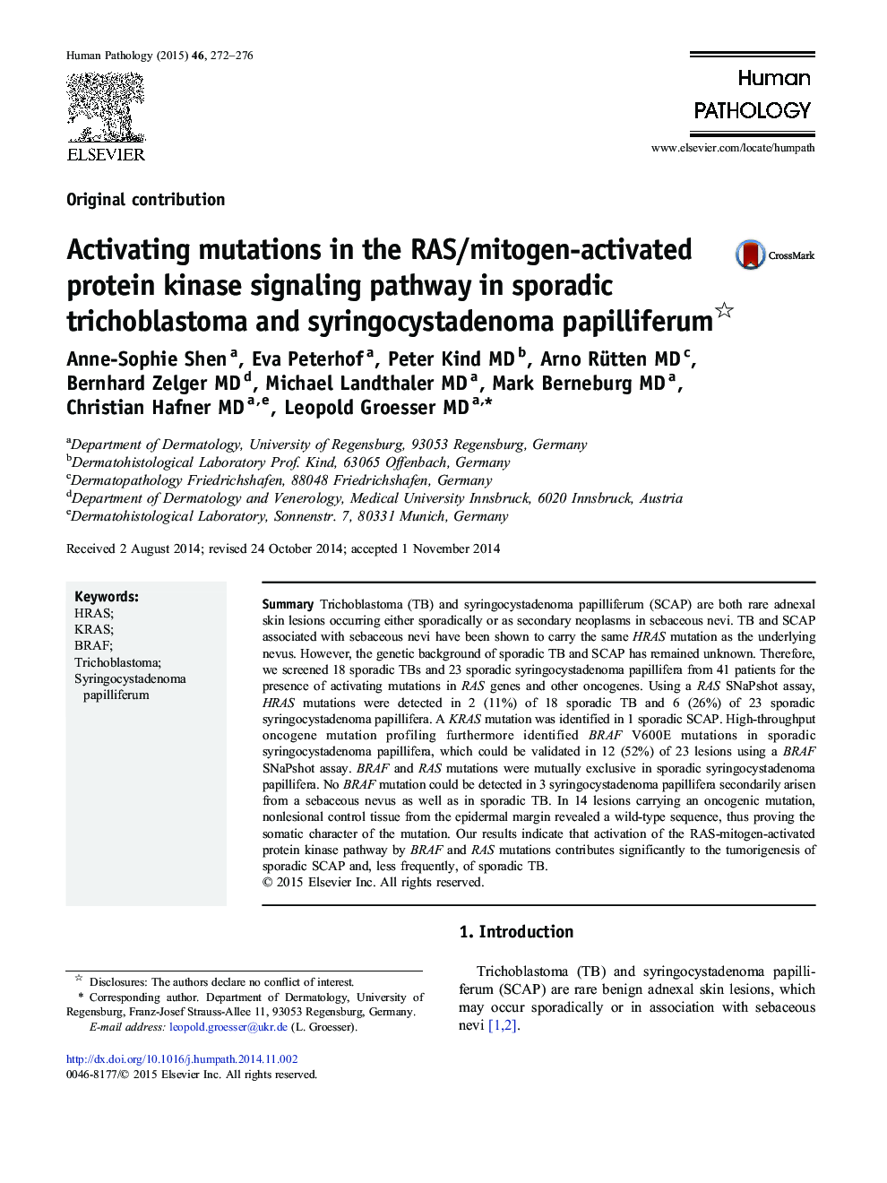 Activating mutations in the RAS/mitogen-activated protein kinase signaling pathway in sporadic trichoblastoma and syringocystadenoma papilliferum 