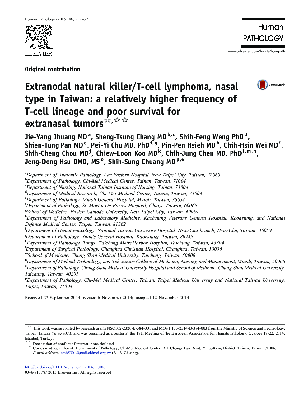 Extranodal natural killer/T-cell lymphoma, nasal type in Taiwan: a relatively higher frequency of T-cell lineage and poor survival for extranasal tumors 