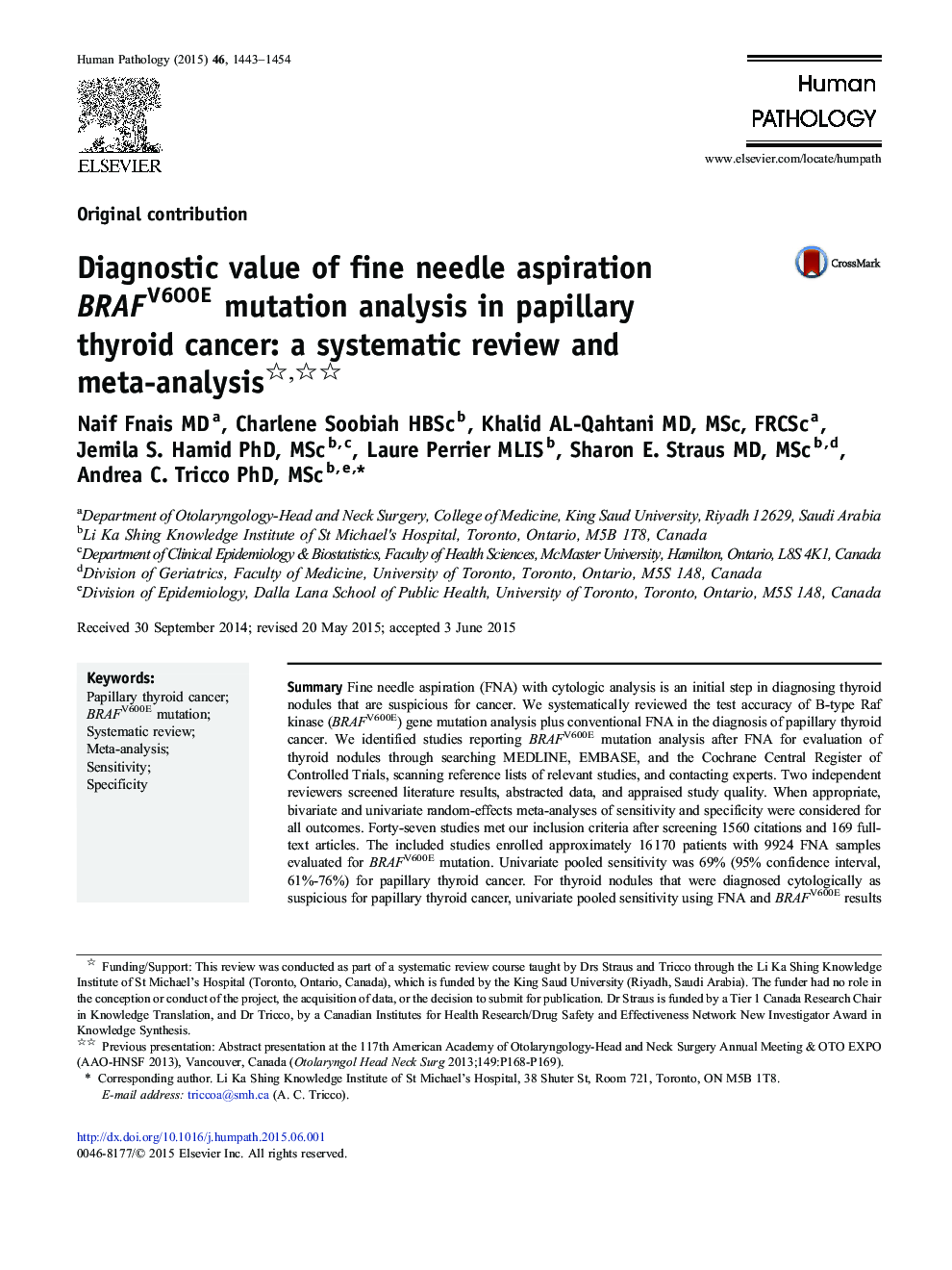 Diagnostic value of fine needle aspiration BRAFV600E mutation analysis in papillary thyroid cancer: a systematic review and meta-analysis 