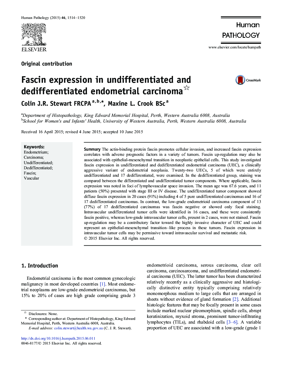 Fascin expression in undifferentiated and dedifferentiated endometrial carcinoma 