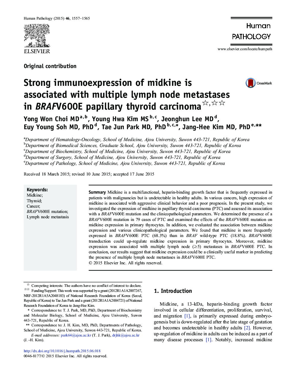 Strong immunoexpression of midkine is associated with multiple lymph node metastases in BRAFV600E papillary thyroid carcinoma 