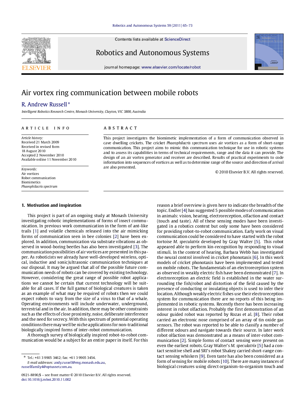 Air vortex ring communication between mobile robots