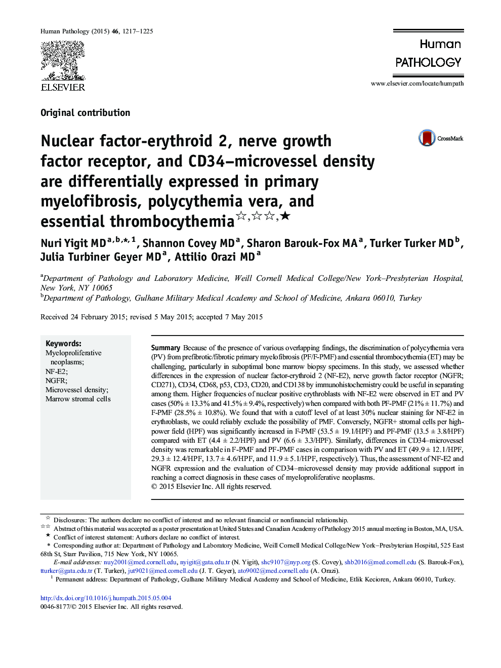 Nuclear factor-erythroid 2, nerve growth factor receptor, and CD34–microvessel density are differentially expressed in primary myelofibrosis, polycythemia vera, and essential thrombocythemia ★