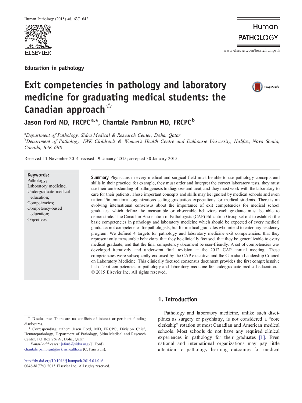 Exit competencies in pathology and laboratory medicine for graduating medical students: the Canadian approach 