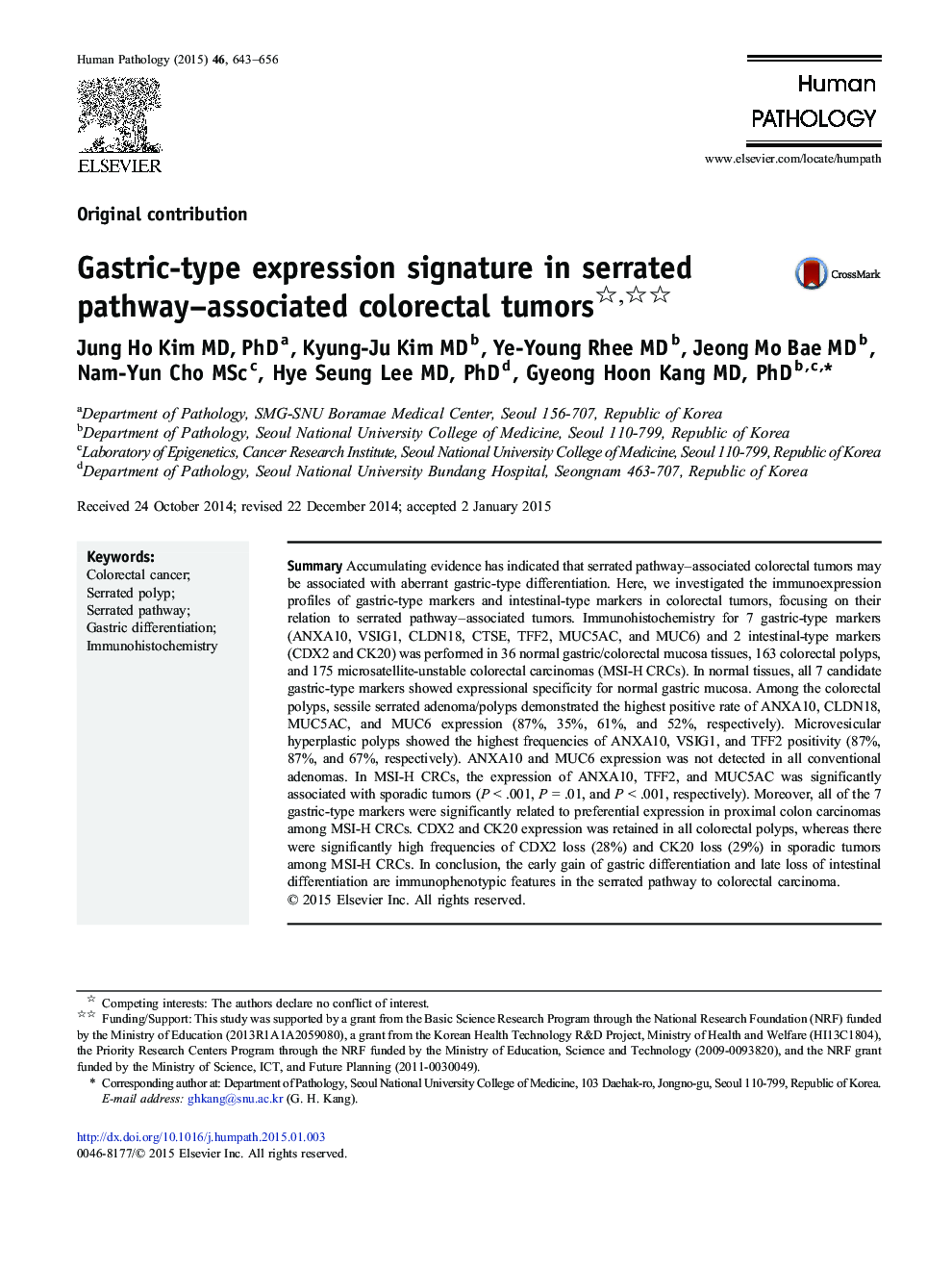 Gastric-type expression signature in serrated pathway–associated colorectal tumors 