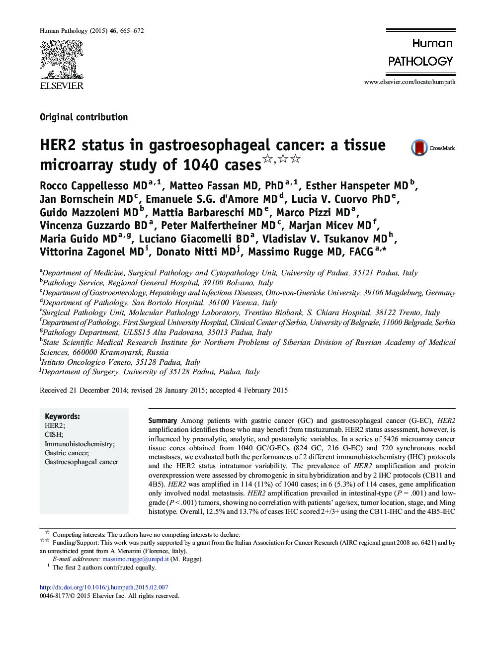 HER2 status in gastroesophageal cancer: a tissue microarray study of 1040 cases 