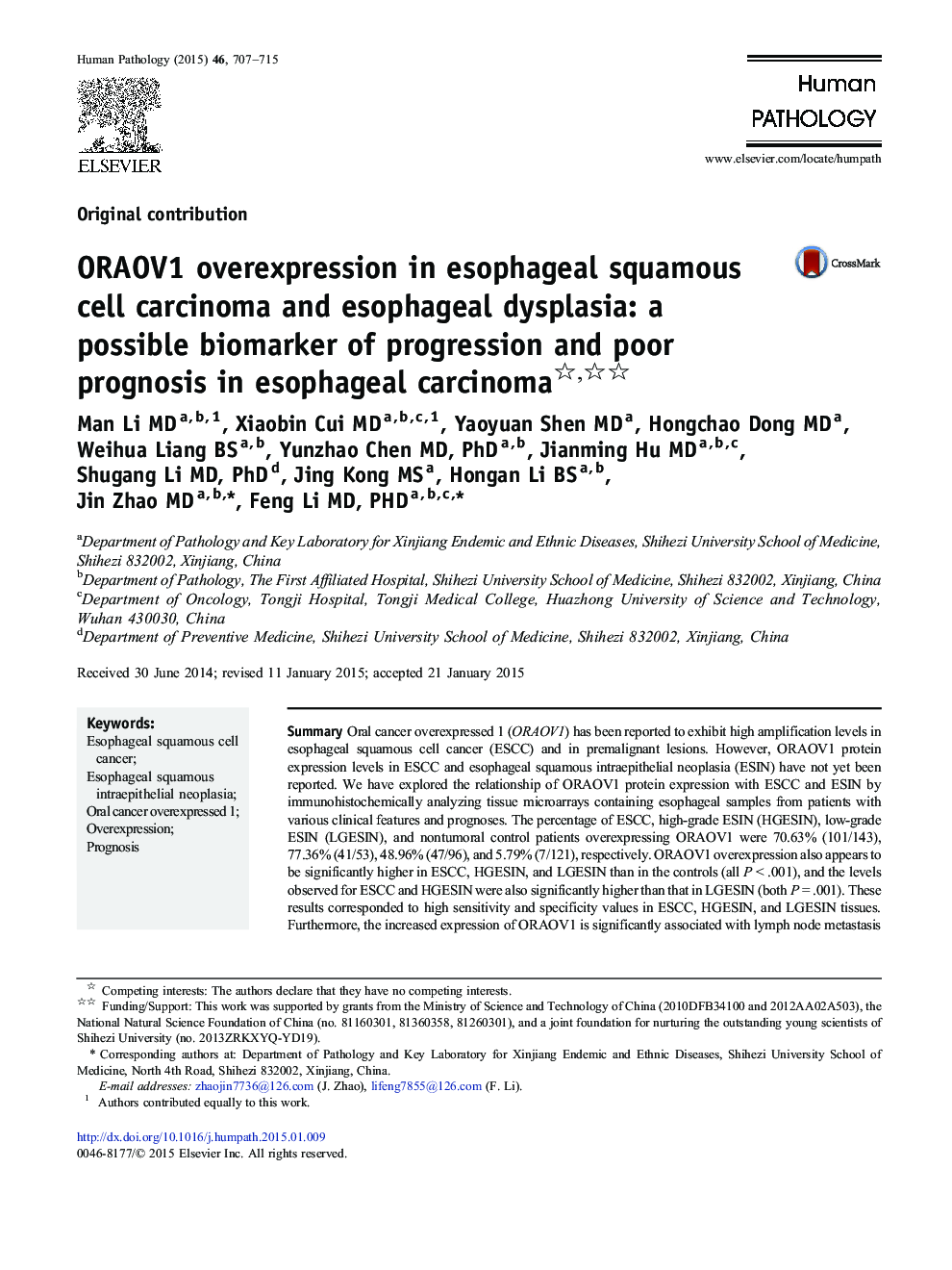 ORAOV1 overexpression in esophageal squamous cell carcinoma and esophageal dysplasia: a possible biomarker of progression and poor prognosis in esophageal carcinoma 