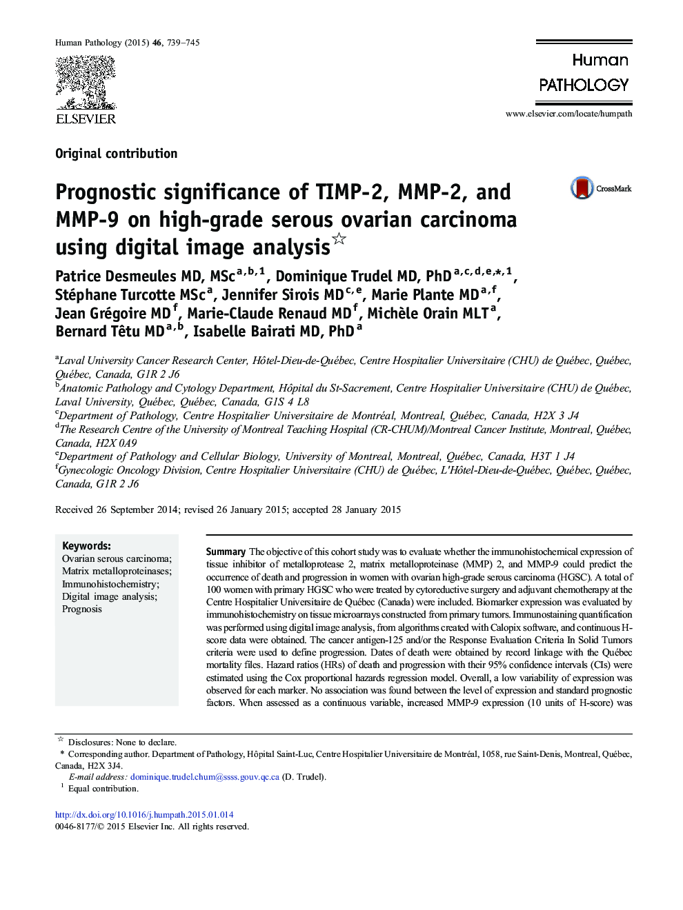 Prognostic significance of TIMP-2, MMP-2, and MMP-9 on high-grade serous ovarian carcinoma using digital image analysis 