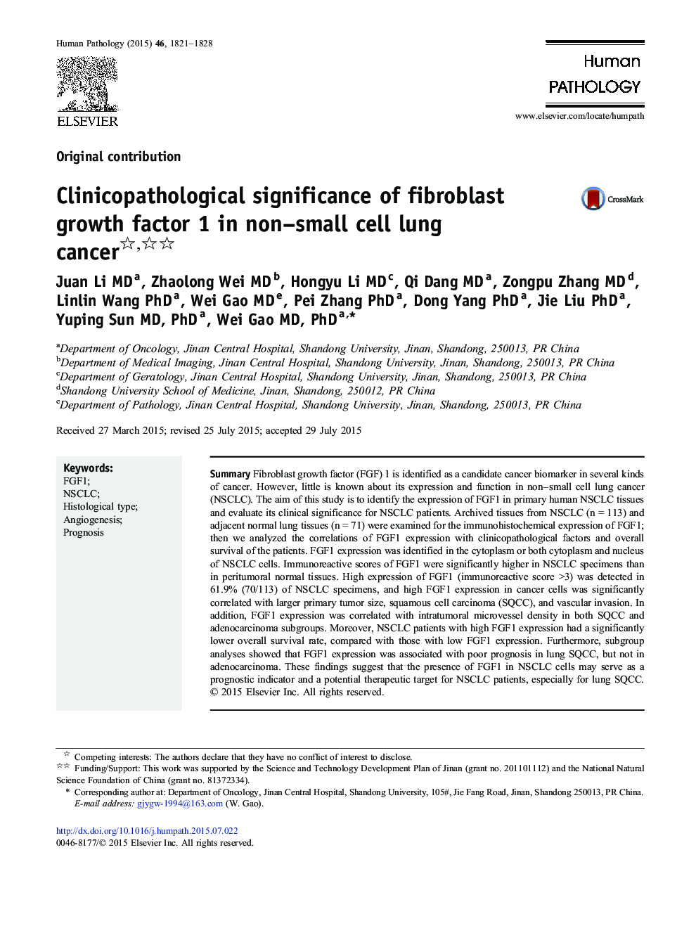 Clinicopathological significance of fibroblast growth factor 1 in non–small cell lung cancer 
