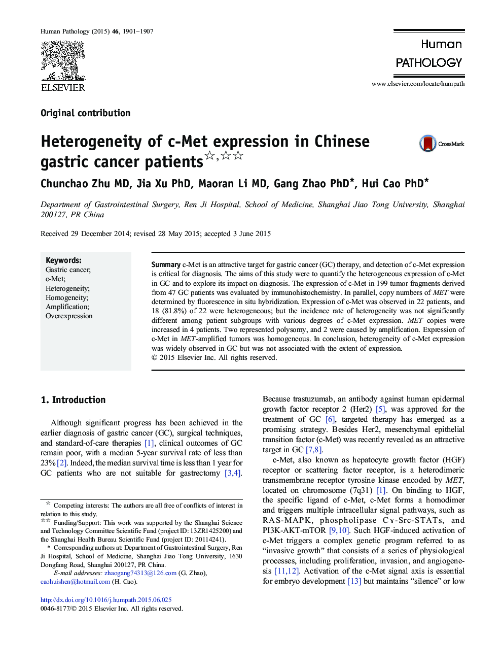 Heterogeneity of c-Met expression in Chinese gastric cancer patients 