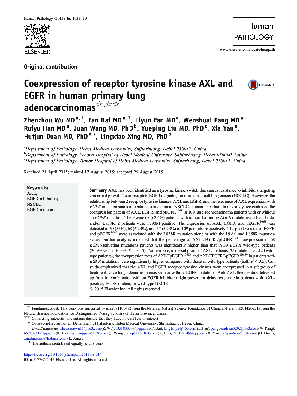 Coexpression of receptor tyrosine kinase AXL and EGFR in human primary lung adenocarcinomas 