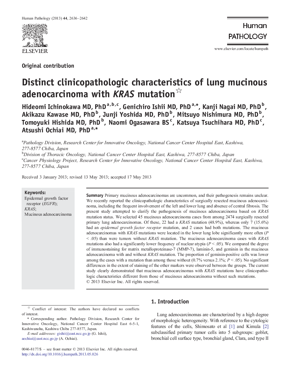 Distinct clinicopathologic characteristics of lung mucinous adenocarcinoma with KRAS mutation 