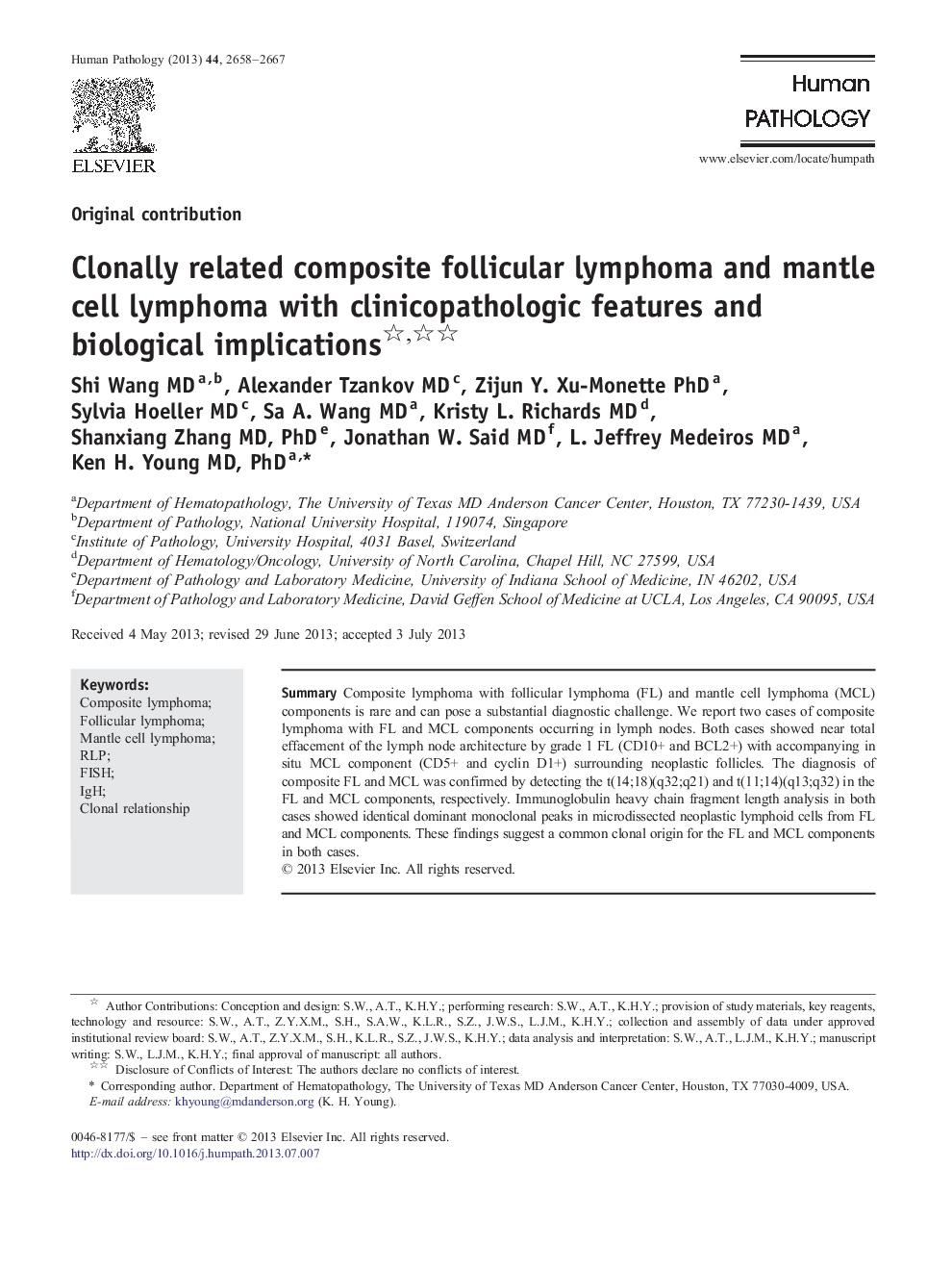 Clonally related composite follicular lymphoma and mantle cell lymphoma with clinicopathologic features and biological implications 