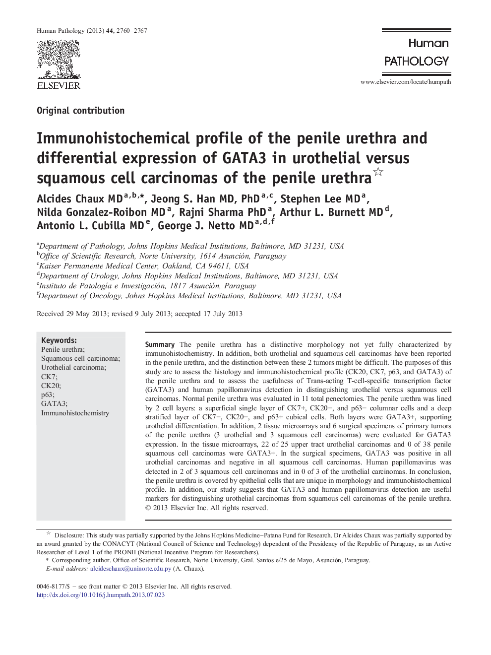 Immunohistochemical profile of the penile urethra and differential expression of GATA3 in urothelial versus squamous cell carcinomas of the penile urethra 