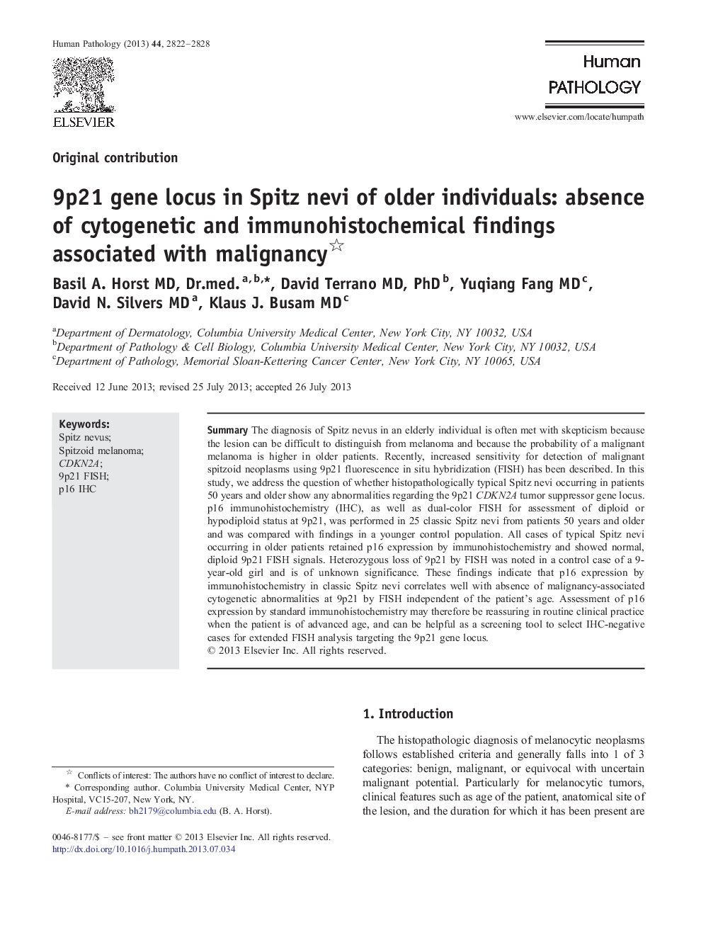 9p21 gene locus in Spitz nevi of older individuals: absence of cytogenetic and immunohistochemical findings associated with malignancy 