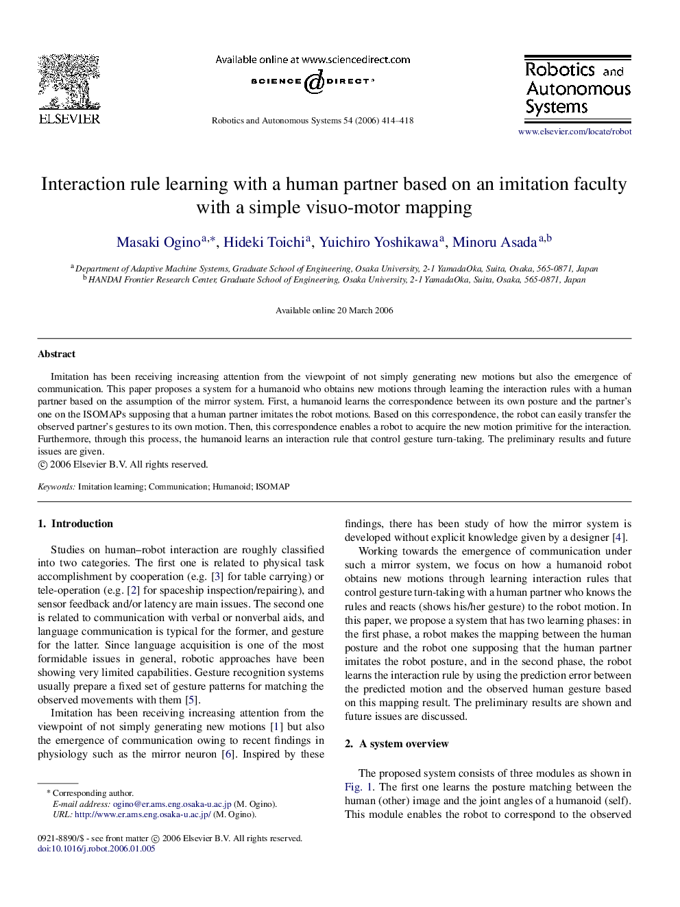 Interaction rule learning with a human partner based on an imitation faculty with a simple visuo-motor mapping