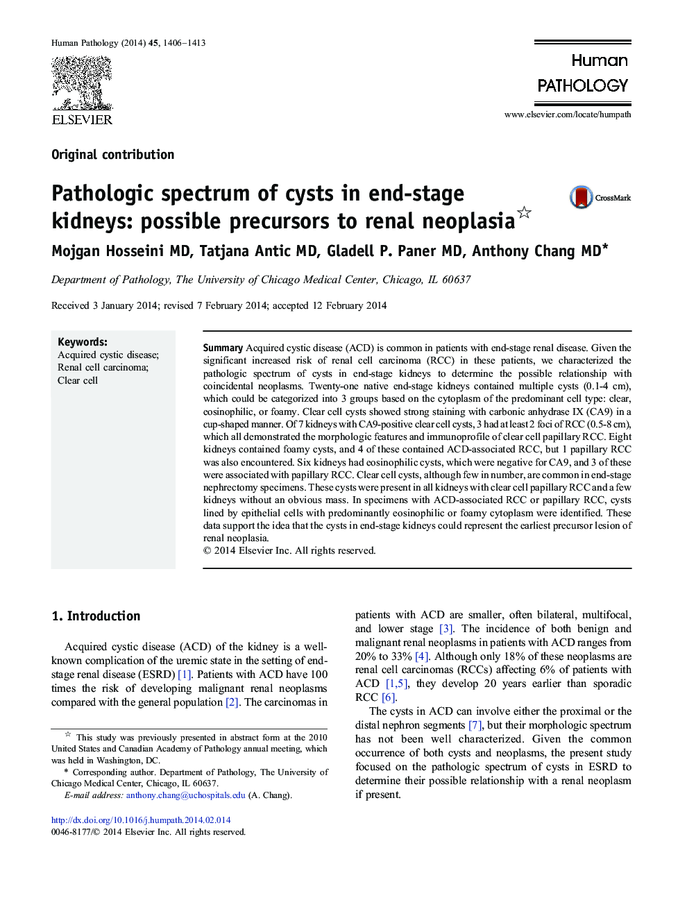 Pathologic spectrum of cysts in end-stage kidneys: possible precursors to renal neoplasia 