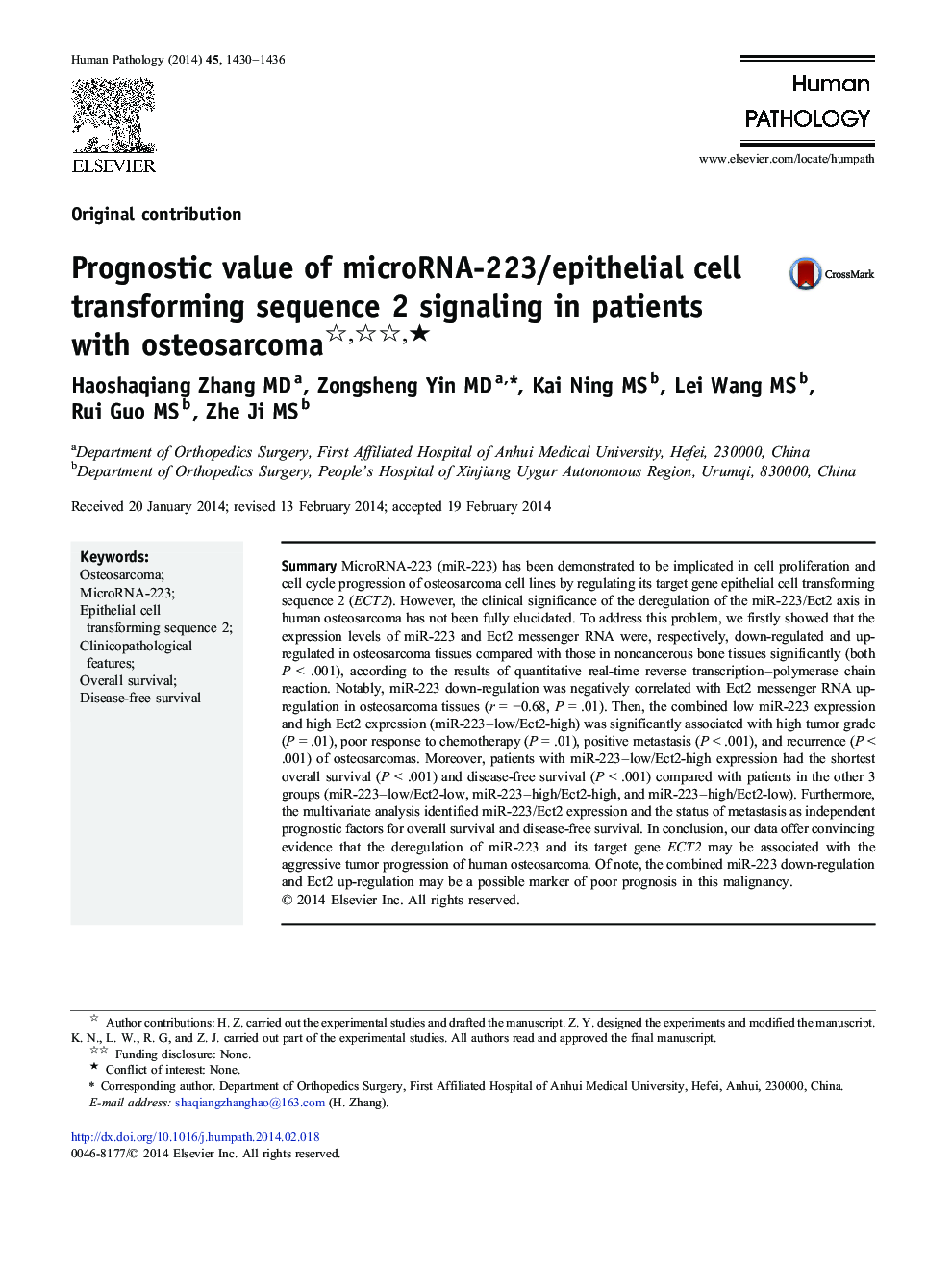 Prognostic value of microRNA-223/epithelial cell transforming sequence 2 signaling in patients with osteosarcoma ★