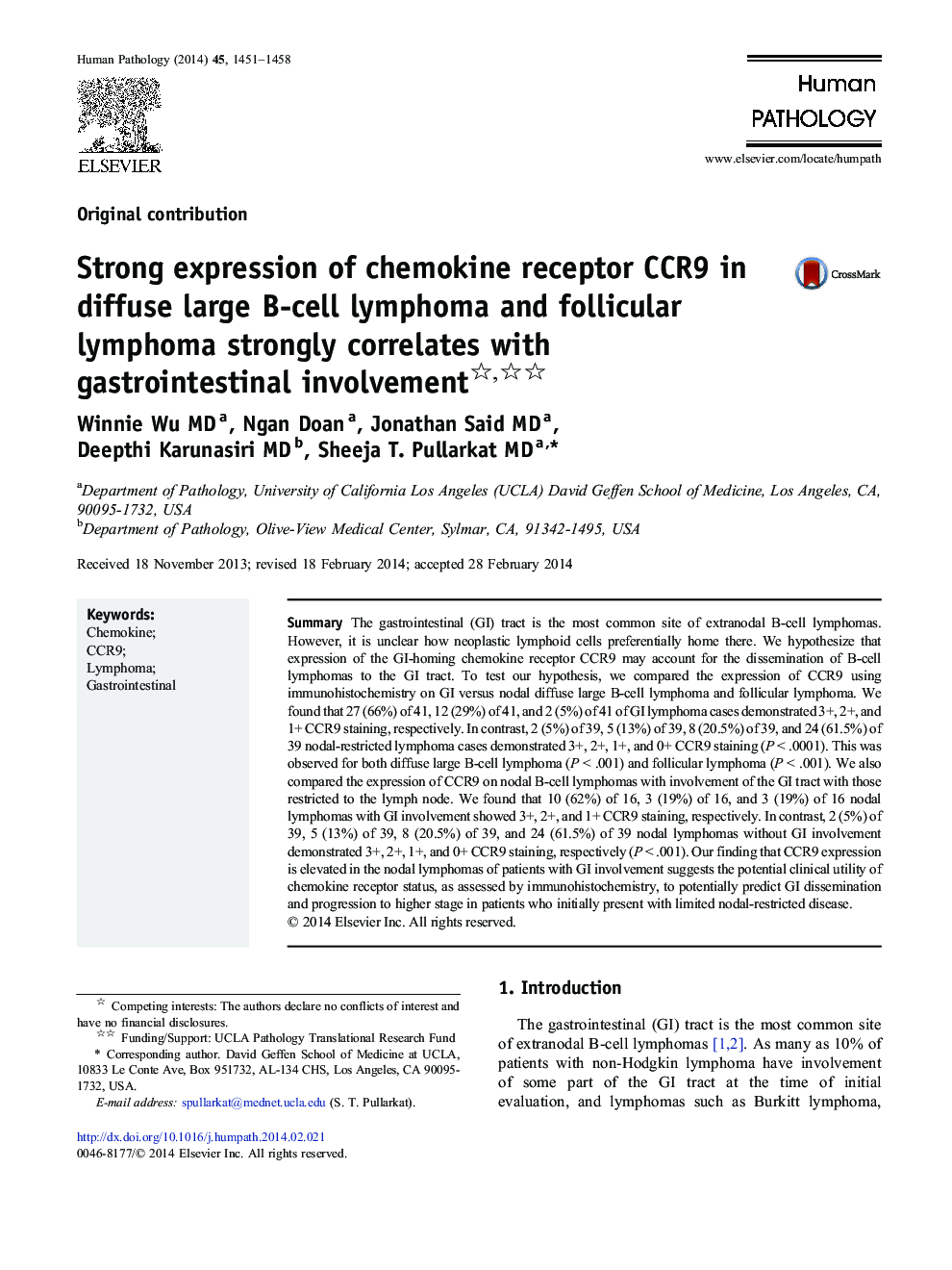 Strong expression of chemokine receptor CCR9 in diffuse large B-cell lymphoma and follicular lymphoma strongly correlates with gastrointestinal involvement 