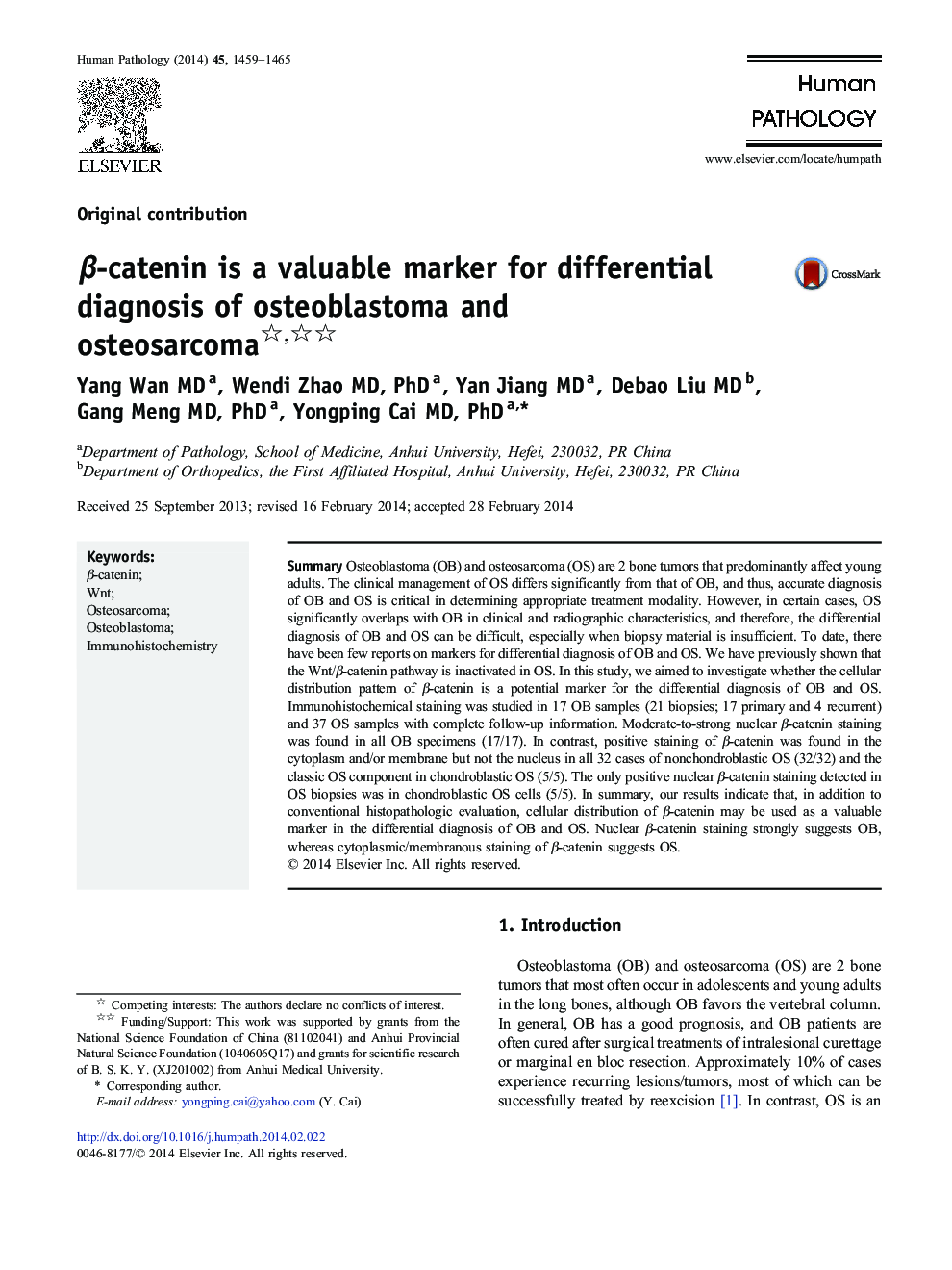 β-catenin is a valuable marker for differential diagnosis of osteoblastoma and osteosarcoma 