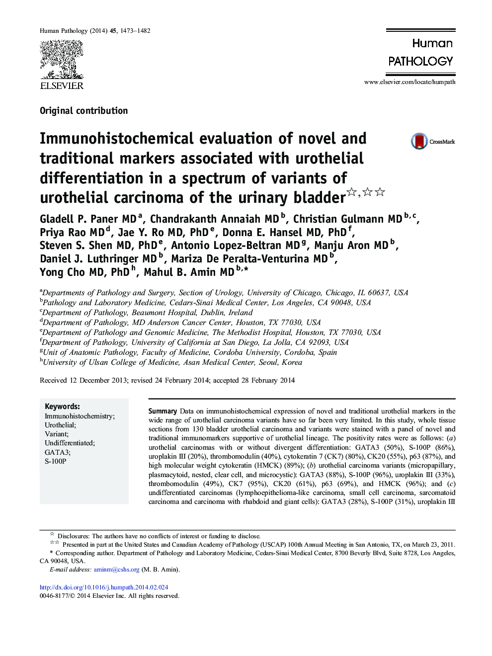 Immunohistochemical evaluation of novel and traditional markers associated with urothelial differentiation in a spectrum of variants of urothelial carcinoma of the urinary bladder 