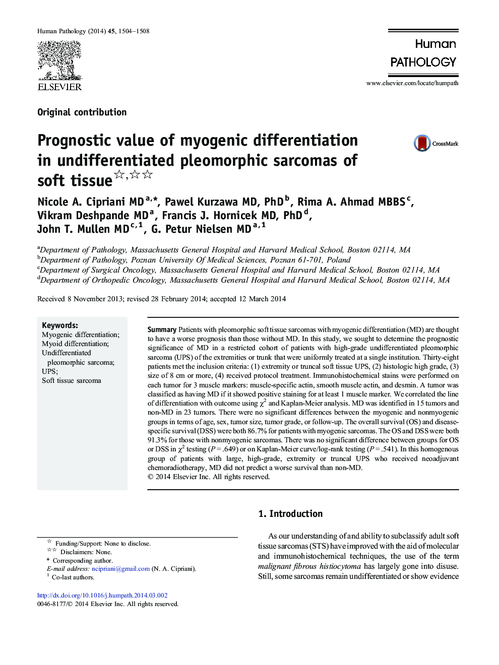 Prognostic value of myogenic differentiation in undifferentiated pleomorphic sarcomas of soft tissue 