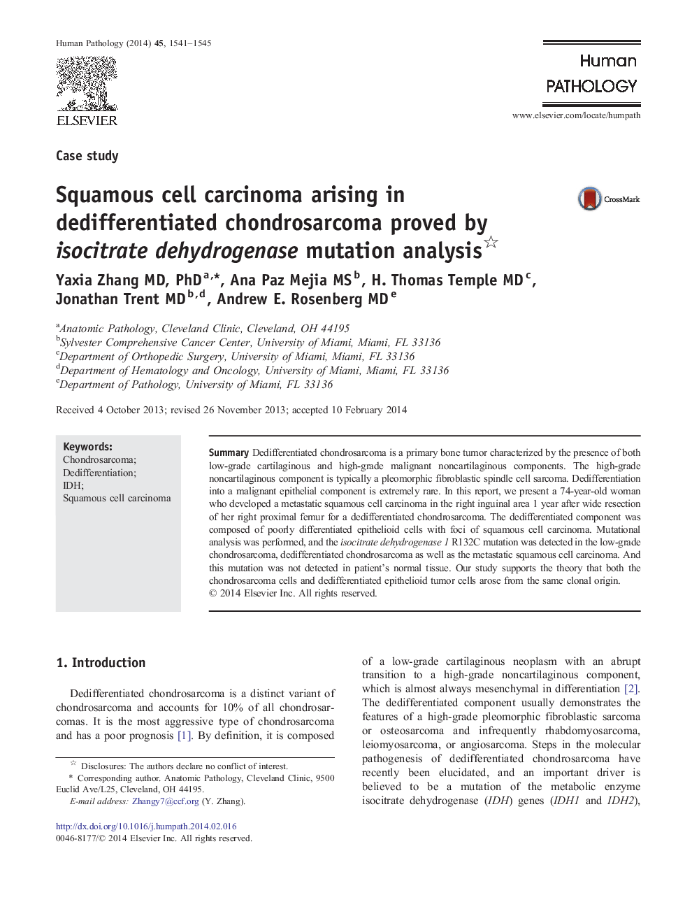 Squamous cell carcinoma arising in dedifferentiated chondrosarcoma proved by isocitrate dehydrogenase mutation analysis 