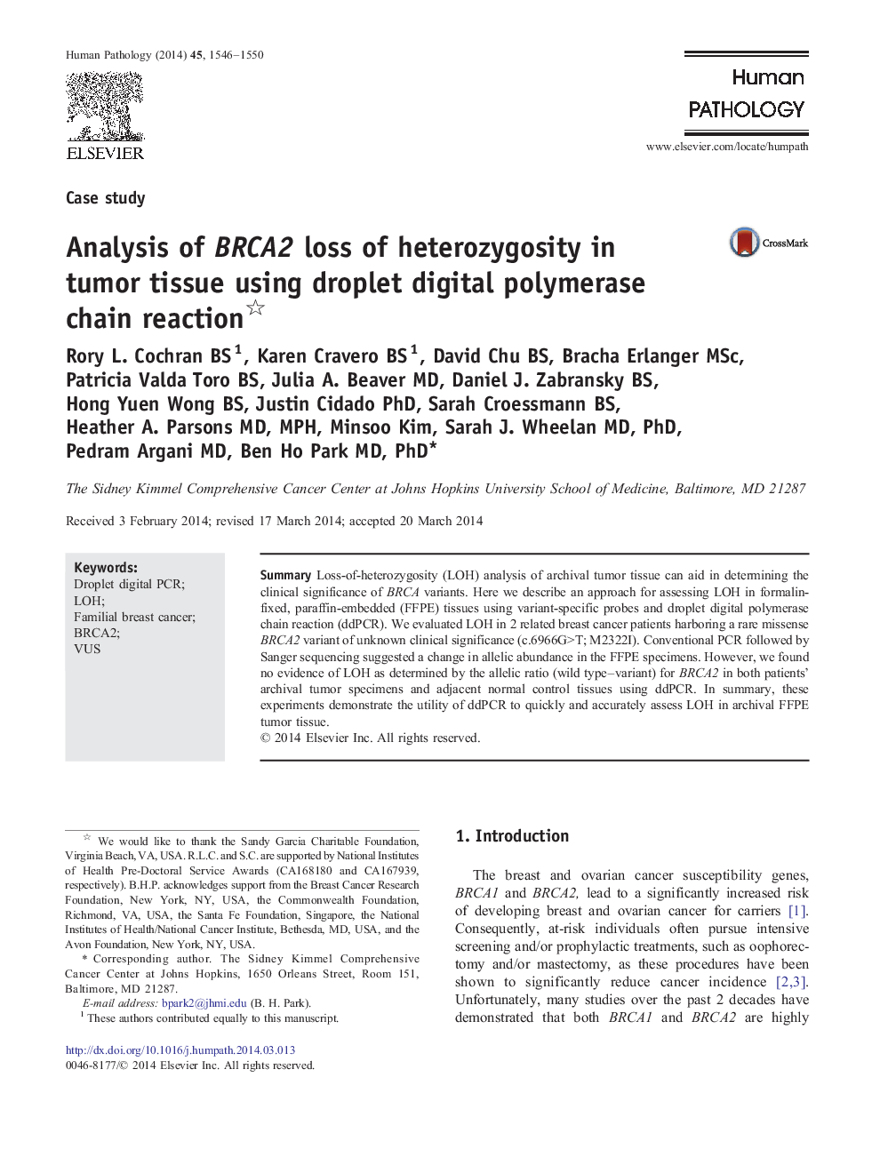 Analysis of BRCA2 loss of heterozygosity in tumor tissue using droplet digital polymerase chain reaction 