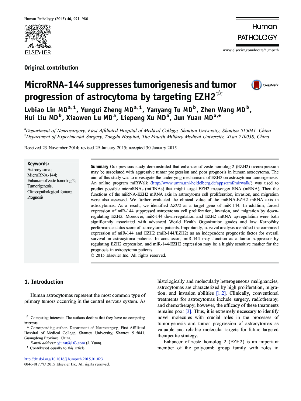 MicroRNA-144 suppresses tumorigenesis and tumor progression of astrocytoma by targeting EZH2 