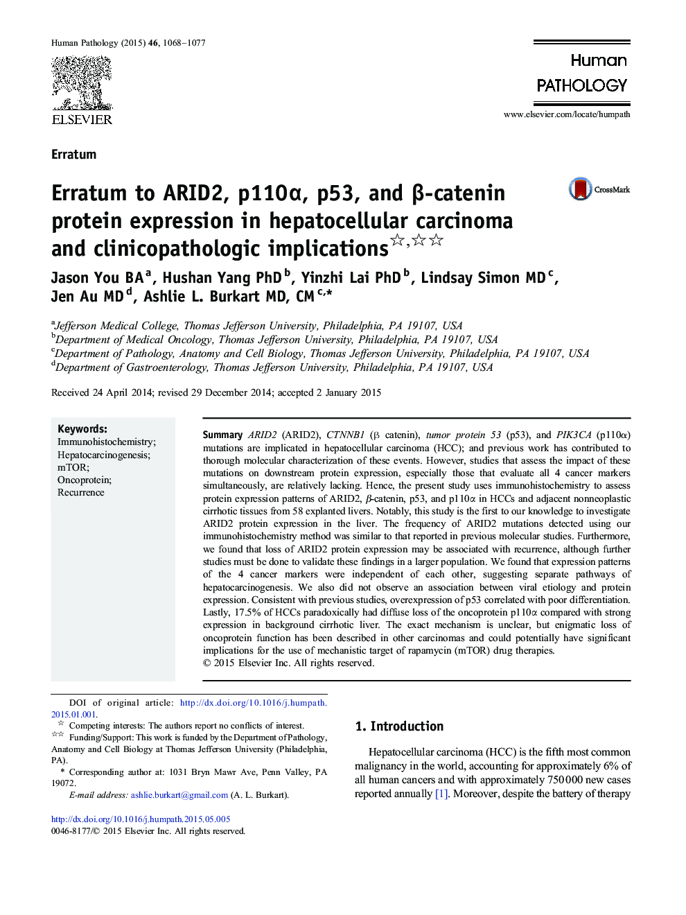 Erratum to ARID2, p110α, p53, and β-catenin protein expression in hepatocellular carcinoma and clinicopathologic implications 