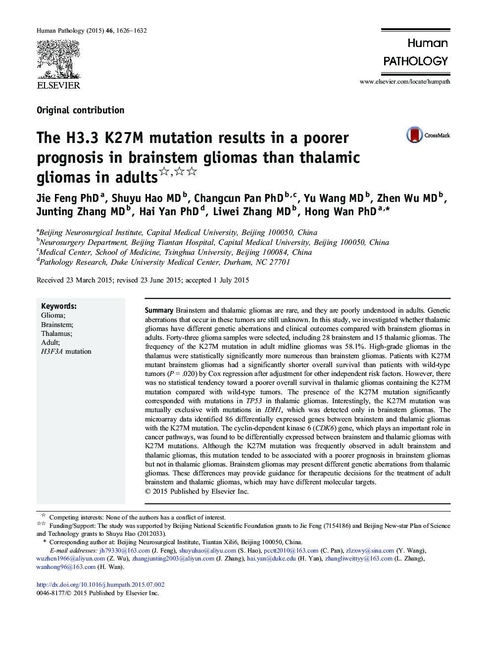 The H3.3 K27M mutation results in a poorer prognosis in brainstem gliomas than thalamic gliomas in adults 