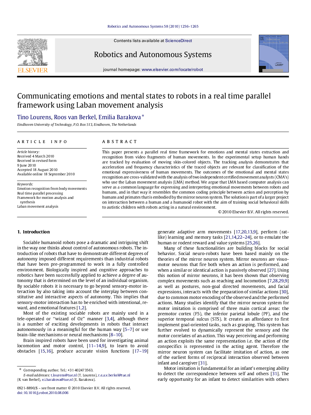 Communicating emotions and mental states to robots in a real time parallel framework using Laban movement analysis