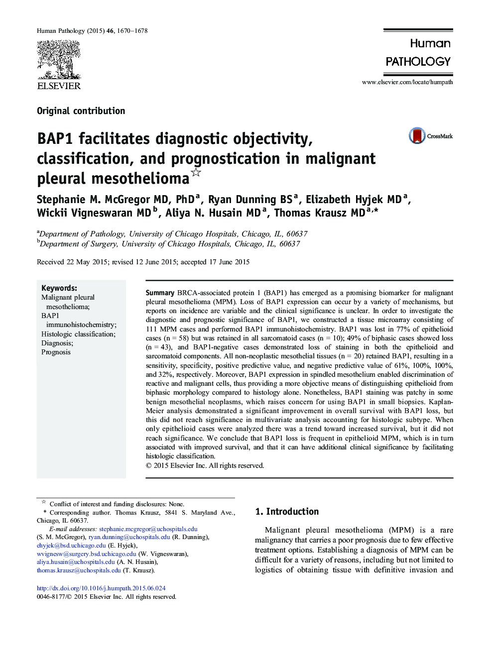 BAP1 facilitates diagnostic objectivity, classification, and prognostication in malignant pleural mesothelioma 