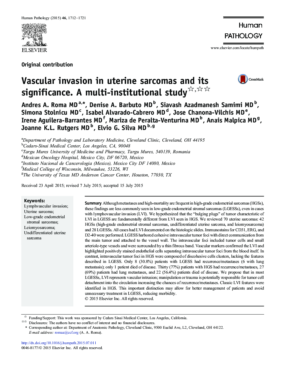 Vascular invasion in uterine sarcomas and its significance. A multi-institutional study 